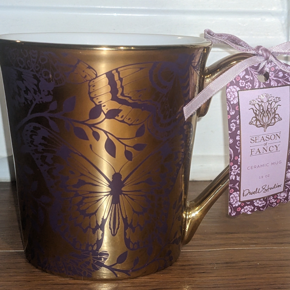 New 19oz "Season of Fancy" Dwell Studios Purple and Gold Butterfly Ceramic Mug